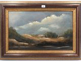 an image of a painting of a landscape with a river in the foreground