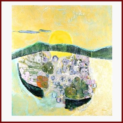 un tableau représentant deux bateaux sur l'eau, avec le soleil en arrière-plan