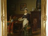 tableau représentant une femme avec un panier de fruits dans une salle à manger
