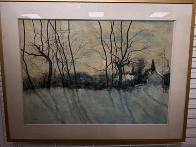Lithographie en couleurs figurant un paysage d'hiver enneigé…