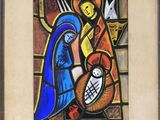 painting of a woman holding a baby in her arms with a manger in the background