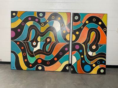 peinture représentant plusieurs tableaux accrochés au mur d'une pièce