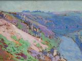 an image of a painting of a landscape with a river in the foreground