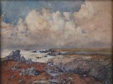 an image of a painting of rocks and water on a beach