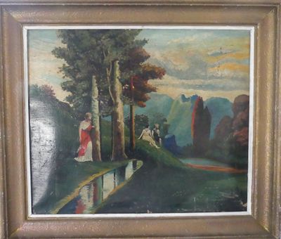 tableau représentant un paysage avec un homme et une femme assis sur un banc au bord d'un lac