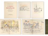 quatre livres sur lesquels figurent des dessins de bâtiments et un drapeau