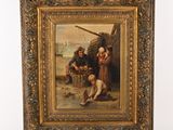 un vieux tableau représentant une famille au bord de la mer, avec un bateau en arrière-plan