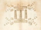 an old drawing of a building with a column on top of it