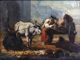 tableau représentant deux vaches tirant une charrette sur laquelle se trouvent un homme et une femme