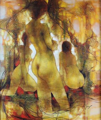 tableau représentant trois nus assis sur un lit devant un miroir