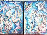 tableau représentant un groupe d'hommes et de femmes nus dans une pièce bleue