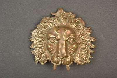 une tête de lion en or accrochée au mur d'une pièce
