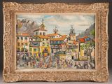 an image of a painting of a city scene with people and buildings