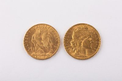 deux pièces d'or posées sur une surface blanche, l'une représentant la tête d'une femme et l'autre celle d'un homme