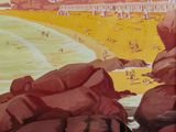 a large poster of a beach with people on it