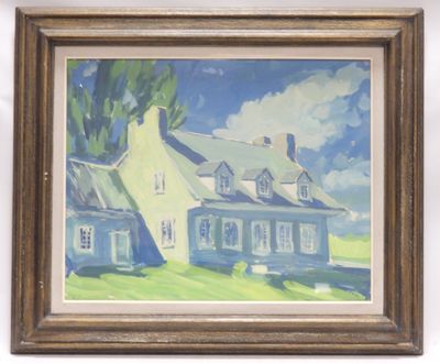 une image d'une peinture représentant une maison dans un champ