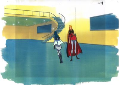 anime scene of a woman in a red cape and a man in a white shirt
