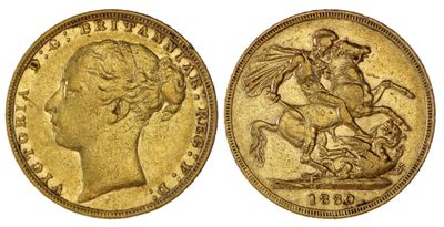 une pièce d'or « sovereign » représentant la tête d'un homme à cheval