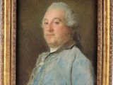 portrait d'un homme en manteau bleu, encadré d'un cadre doré