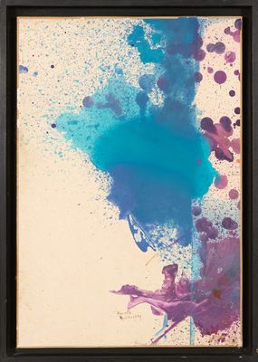 une peinture abstraite composée d'éclaboussures de peinture bleue et violette sur un fond blanc
