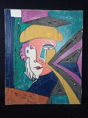 a painting of a woman with a yellow hat on