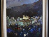 une peinture à l'huile représentant un paysage urbain avec une montagne en arrière-plan