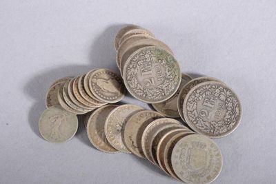 a pile of coins sitting on top of a white table