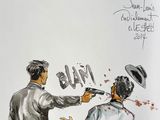 drawing of two men in suits and hats with a gun in their hand
