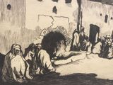 a black and white drawing of a group of people in front of a building
