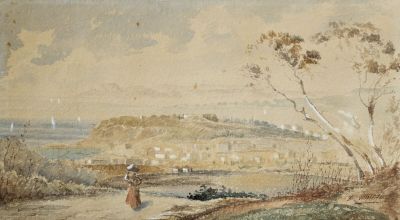 un tableau représentant une femme marchant sur un chemin de terre