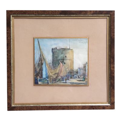 an image of a painting of boats in a harbor with a castle in the background