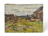 une image représentant un tableau dépeignant une scène de vie à la ferme avec un cheval