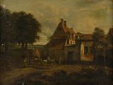 an image of a painting of a farm scene with a horse drawn carriage