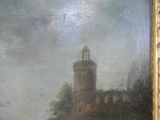 une peinture à l'huile représentant un château avec une tour horloge au sommet d'une colline