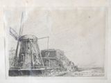 a drawing of a windmill in a field with a building in the background