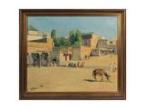 une image représentant un tableau illustrant une scène de rue avec un chameau au premier plan