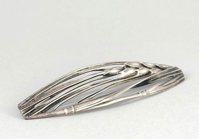 barrette plaquée argent ornée de feuilles et de fleurs sur fond blanc