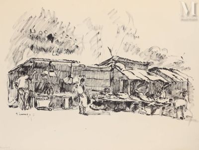 dessin représentant un groupe de personnes debout devant une cabane
