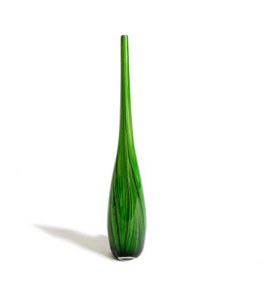 Grand vase soliflore en verre soufflé à décor de linges vert…