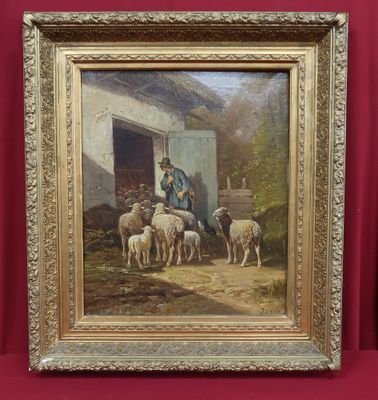 un tableau représentant un homme à cheval avec un troupeau de moutons