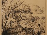une image représentant un dessin de paysage avec des arbres et des moutons