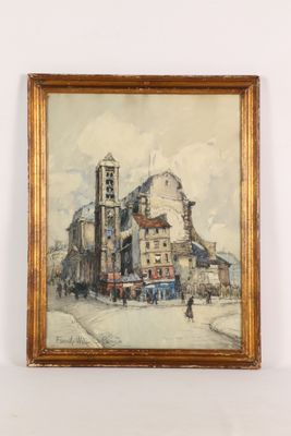 an image of a painting of a building with a clock tower in the middle of it