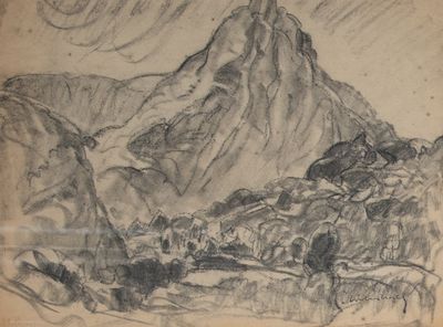 un dessin en noir et blanc représentant une montagne surmontée d'un oiseau