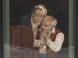 tableau représentant un homme et une femme appuyés contre un tonneau de vin
