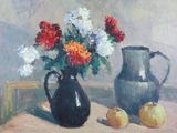 a painting of a vase of flowers and apples on a table