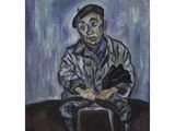 an oil painting of a man sitting on a bench with a book