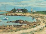 a painting of people walking on the beach near a body of water