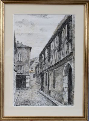 tableau représentant une scène de rue avec des bâtiments et une horloge, dans un cadre doré