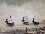 painting of a group of boats floating on top of a body of water