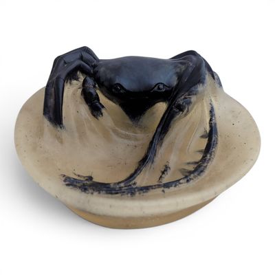 un crabe noir posé sur une assiette, sur un fond blanc